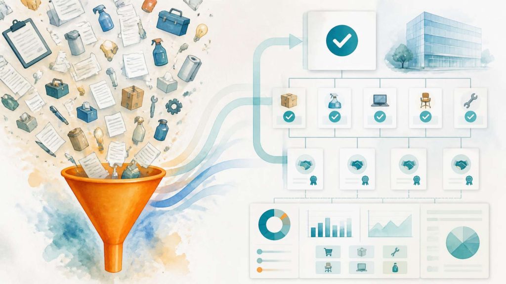 Illustration of a cost trap in indirect procurement, where scattered requirements are channelled into clear categories, approvals and supplier structures.