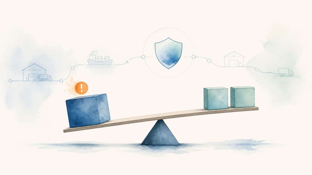 Symbolic seesaw illustration showing the risk of relying on one supplier compared with the stability of using two qualified sources.