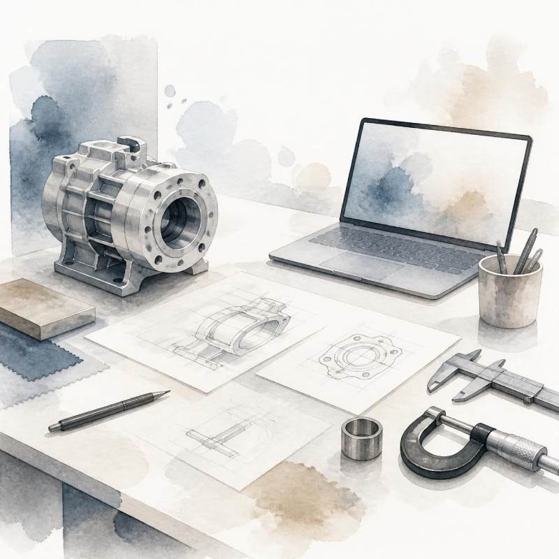 Watercolour illustration of a workbench with a machine part, laptop and inspection tools representing collaboration between purchasing and engineering.