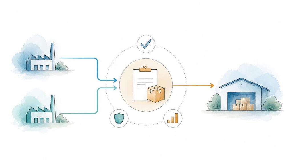 Illustration showing two suppliers feeding into a central procurement process, supported by risk control, approval and performance monitoring.