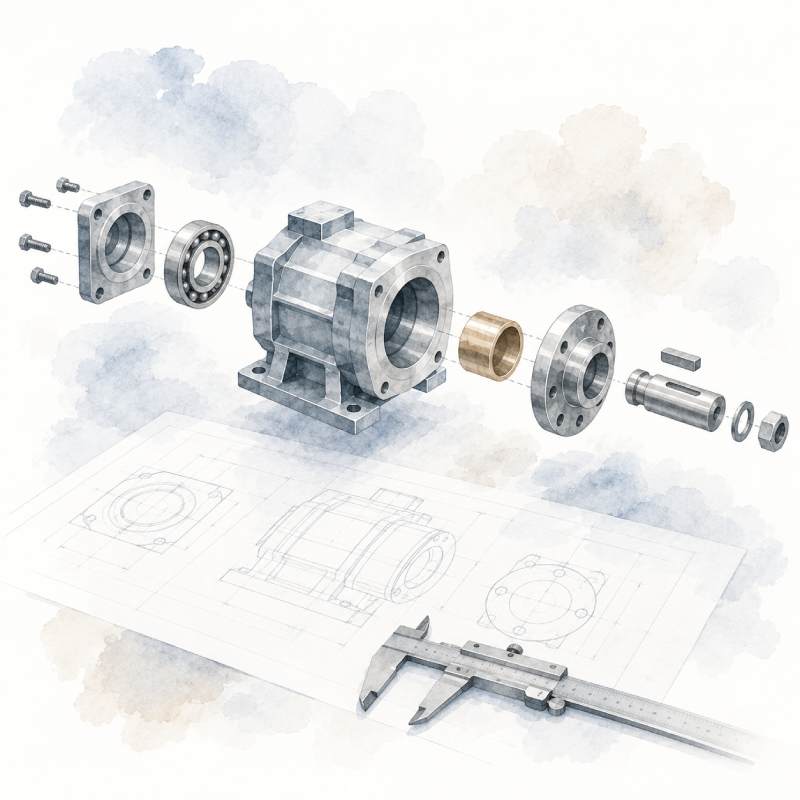 Watercolour illustration of an exploded mechanical assembly with a technical drawing and caliper, representing specification review in technical purchasing.
