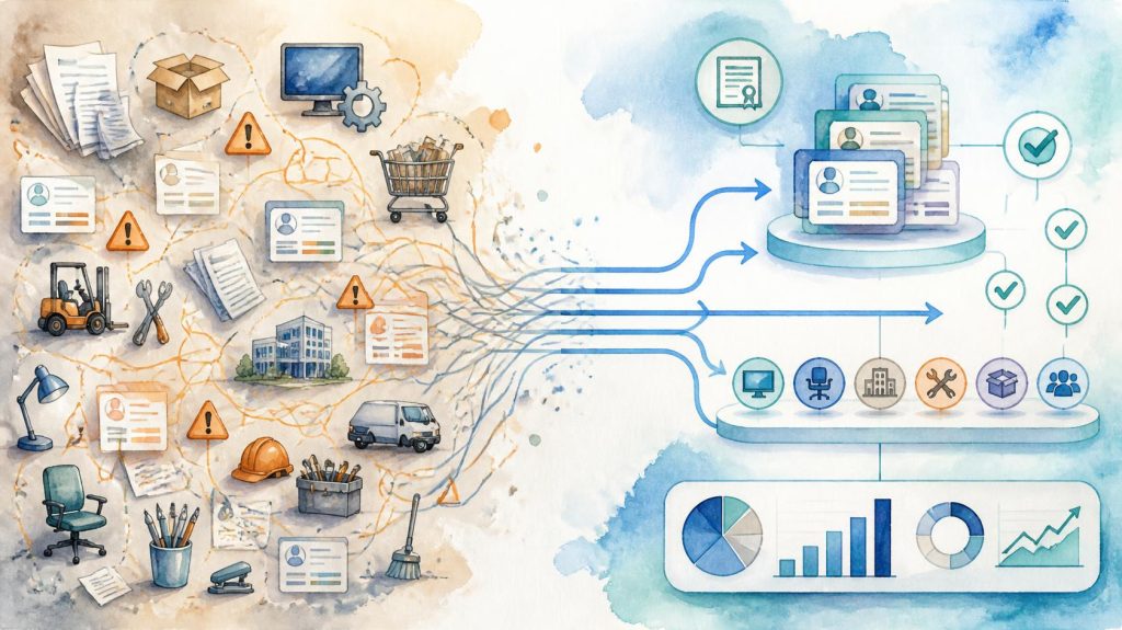 Watercolour illustration showing many indirect procurement needs being transformed into structured supplier cards, category groups and KPI dashboards.