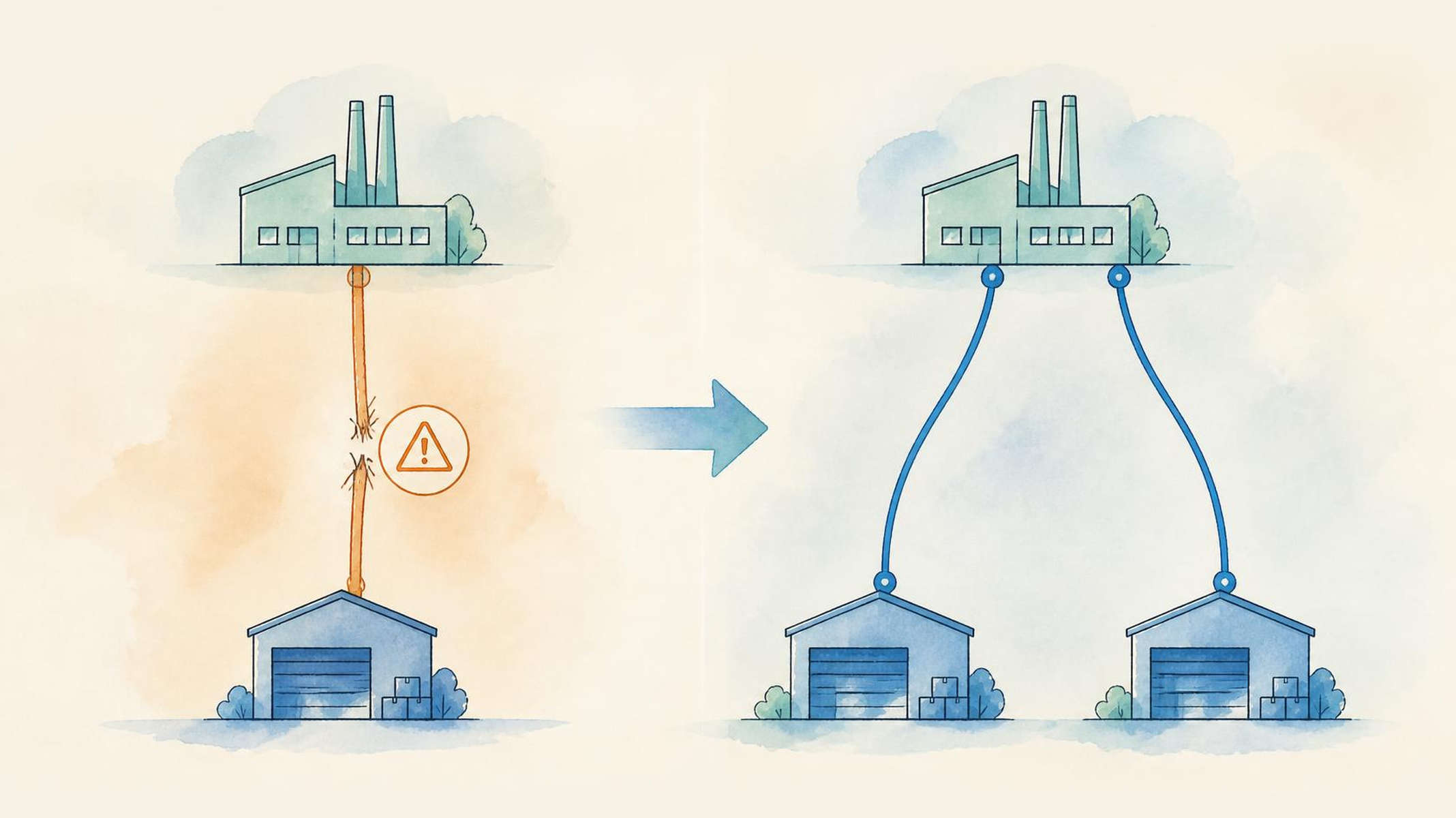 Watercolour illustration showing a fragile single supplier connection being replaced by two stable supplier routes to reduce dependency and supply risk.