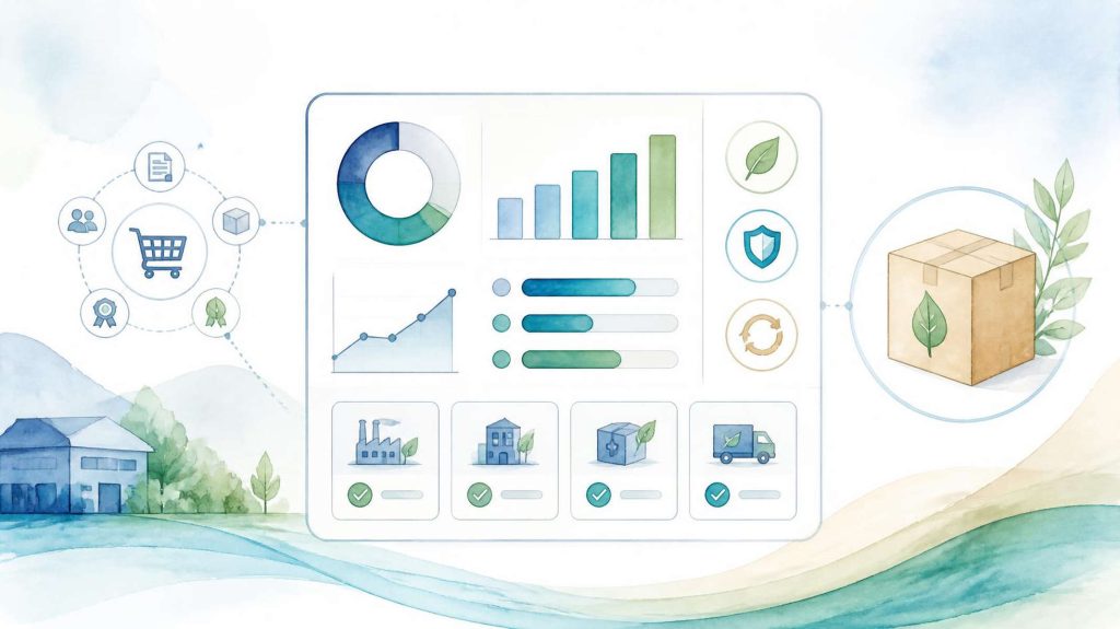 Watercolour illustration showing fragmented purchasing requirements being transformed into structured supplier evaluation, circular processes and sustainability controls.