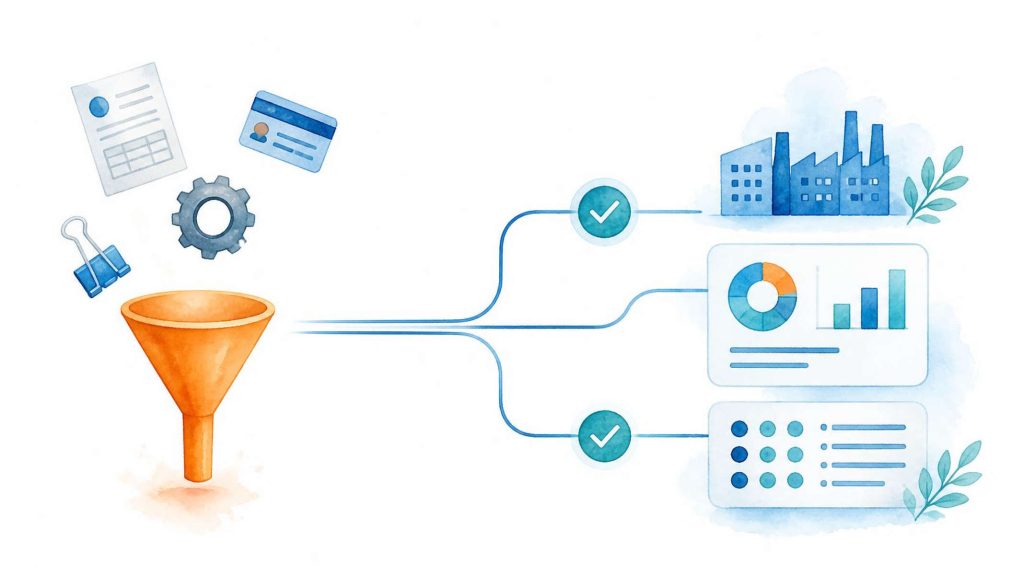 Minimal illustration showing indirect procurement items being bundled and transformed into transparent processes, reporting and performance metrics.