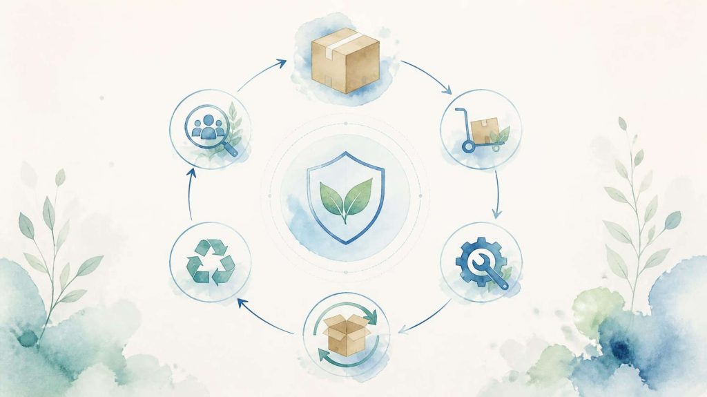 Illustration of a procurement dashboard with supplier data, sustainability indicators, performance charts and an environmentally responsible product package.