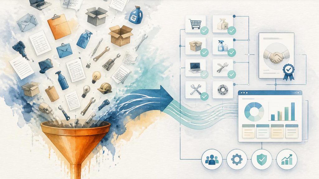 Visualisation of indirect procurement optimisation with cost traps, category management, approvals, supplier evaluation and a controlling dashboard.