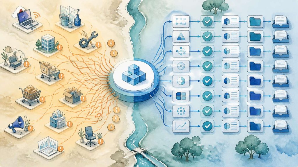 Illustration showing decentralised procurement needs being routed through a central platform into structured approvals and documentation.