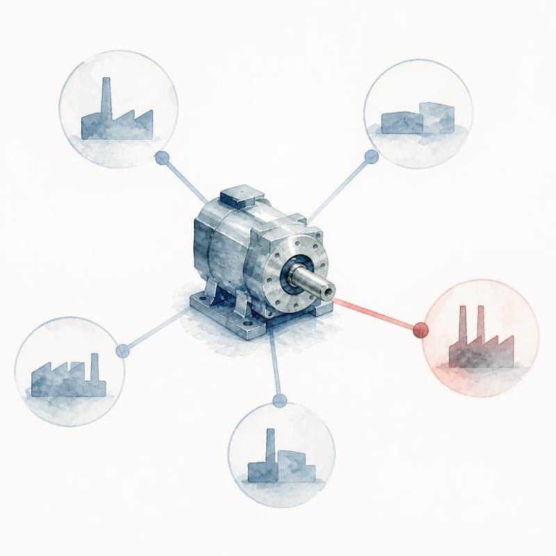 Minimalist illustration of a central machine component connected to supplier nodes, showing dependencies in technical procurement.
