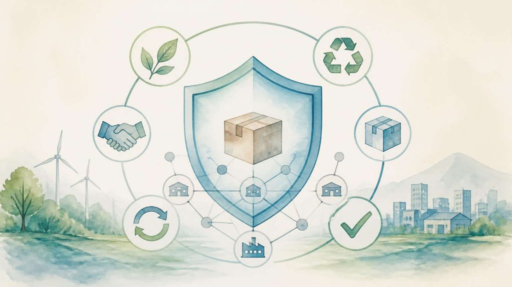 Watercolour illustration showing a product protected by a sustainability shield, with recycling, supplier responsibility, approval and environmental criteria.
