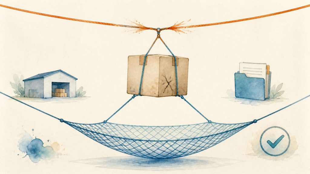 Watercolour illustration of a package protected by a safety net, representing dual sourcing as a safeguard against supplier failure.