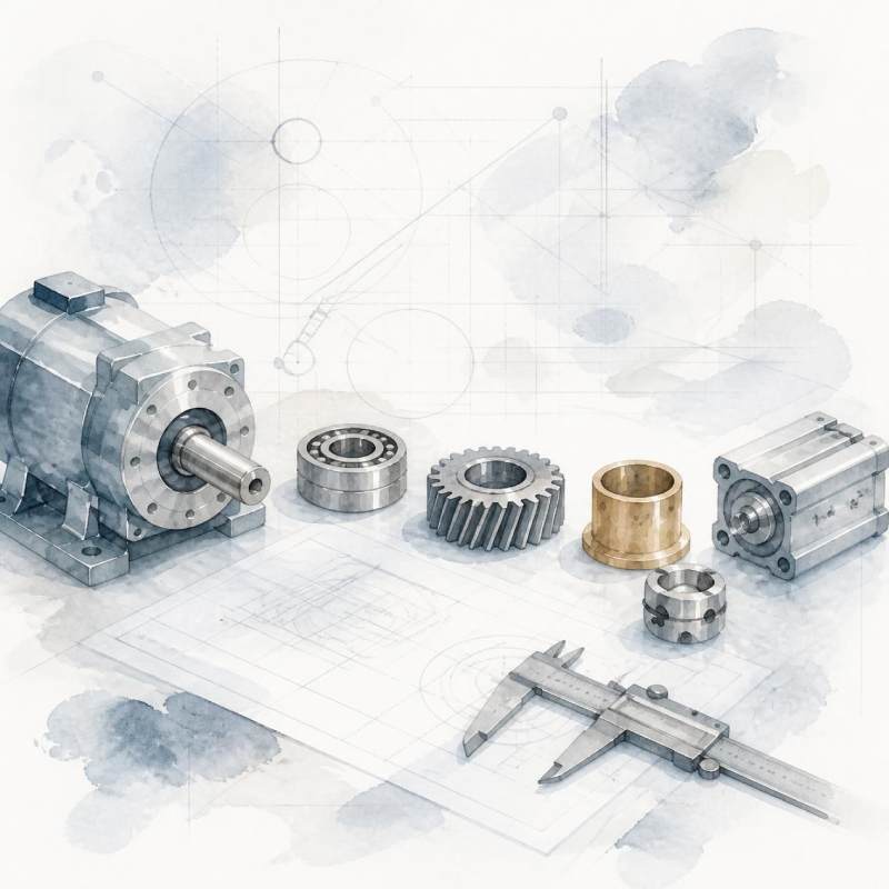 Watercolour illustration of precision parts, a caliper and technical drawings representing specifications in technical purchasing.