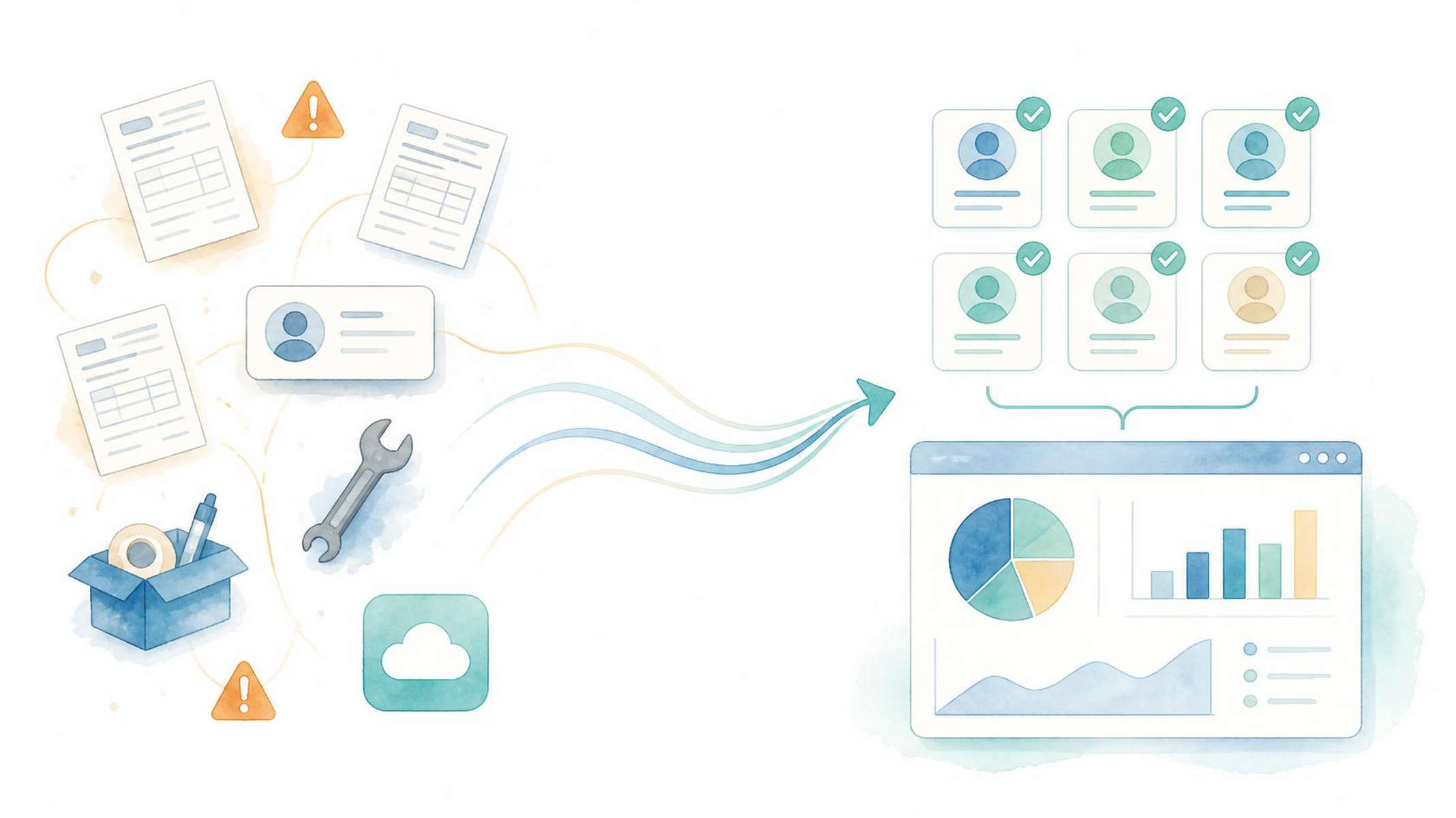Illustration showing indirect procurement being optimised as scattered requirements are turned into approved suppliers, clear workflows and transparent reporting.