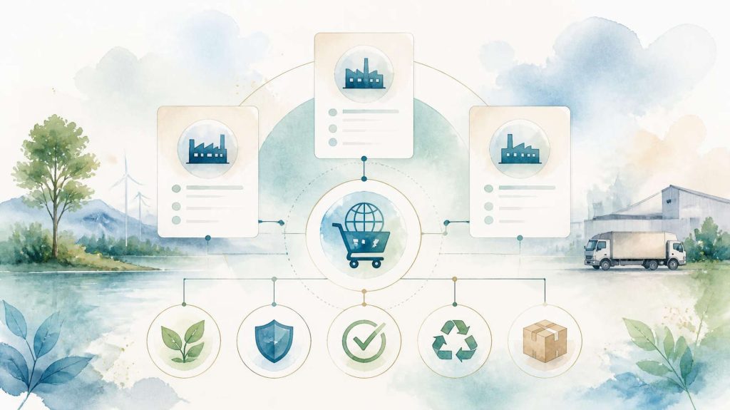 Watercolour illustration showing sustainable procurement categories such as IT, facility services, packaging and energy connected to a central sustainability approval symbol.