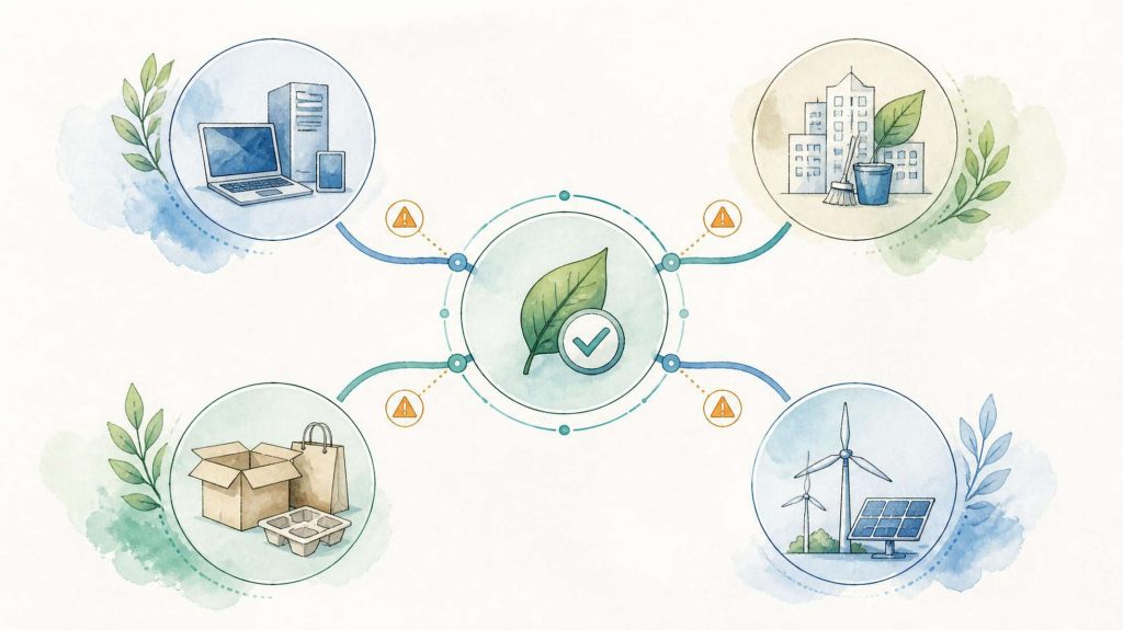 Circular procurement illustration showing responsible sourcing, supplier review, reuse, recycling, maintenance and risk protection around a central sustainability shield.