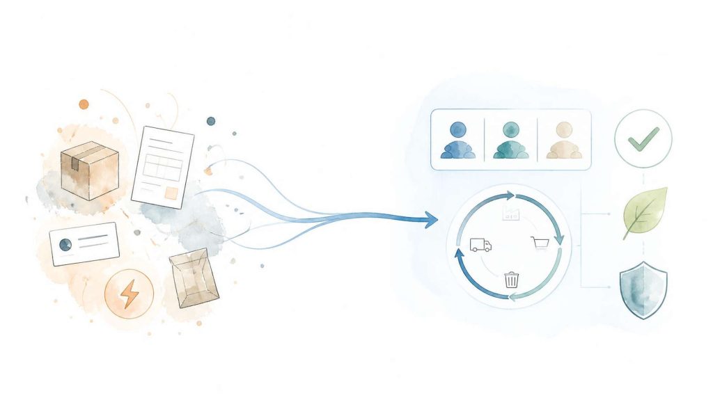 Illustration of a protective shield around a product and supplier network, representing sustainable procurement, supply chain responsibility and risk reduction.