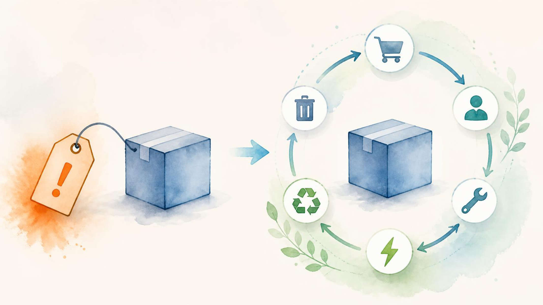 Illustration of supplier profiles connected to sustainable procurement criteria such as environmental impact, risk control, recycling, packaging and approval.