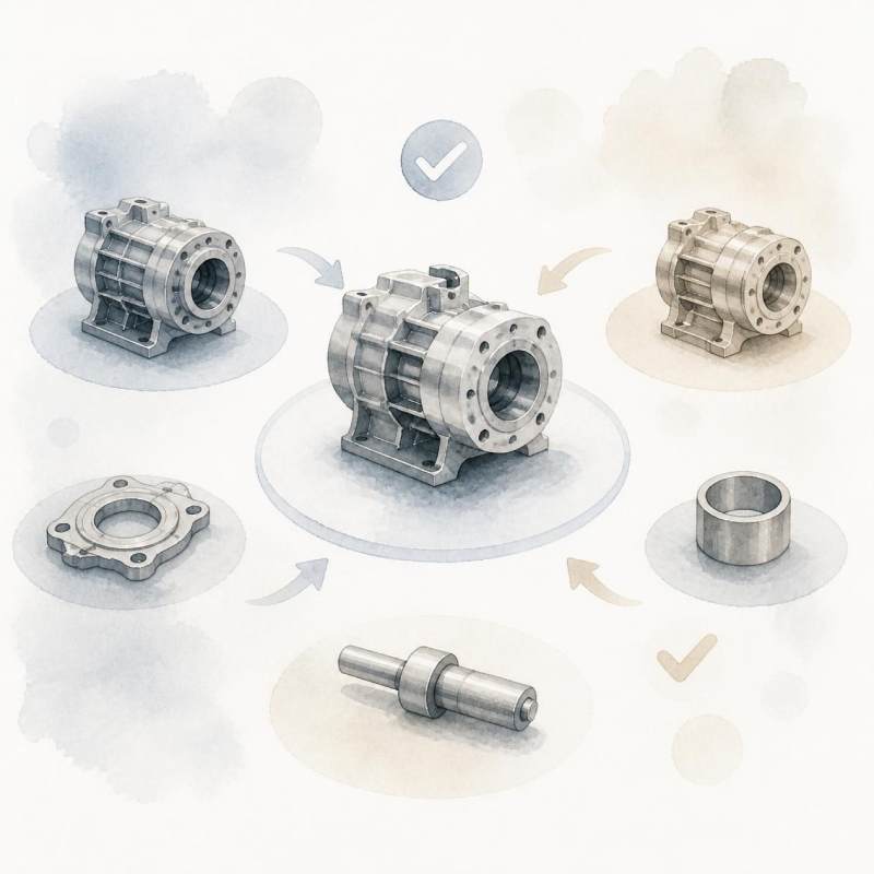 Minimalist watercolour illustration of several component options representing commercial and technical decisions before an order is placed.