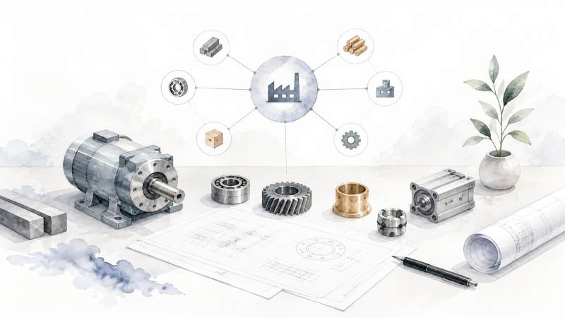 Horizontal watercolour illustration with machine components, technical drawings and a schematic supplier network, representing technical procurement in mechanical engineering.