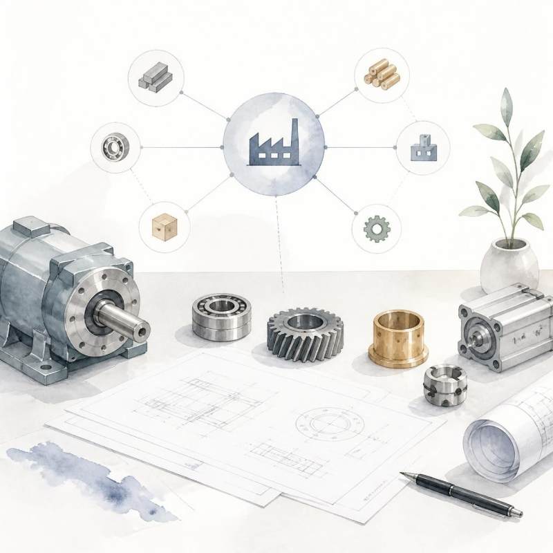 Minimalist watercolour illustration of machine components, technical documents and connecting lines representing technical purchasing in mechanical engineering.